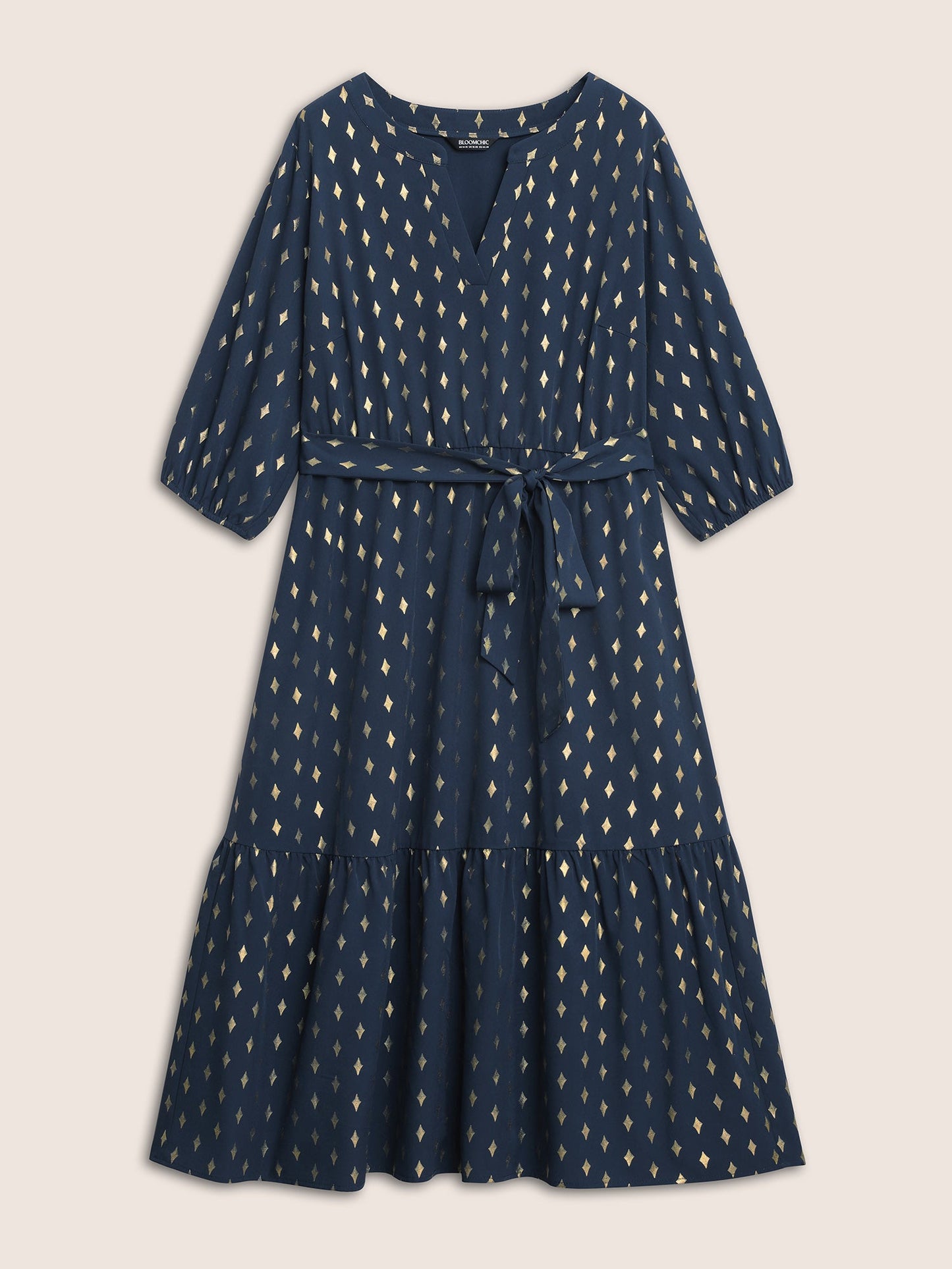 Glitter Notched Lantern Sleeve Midi Dress