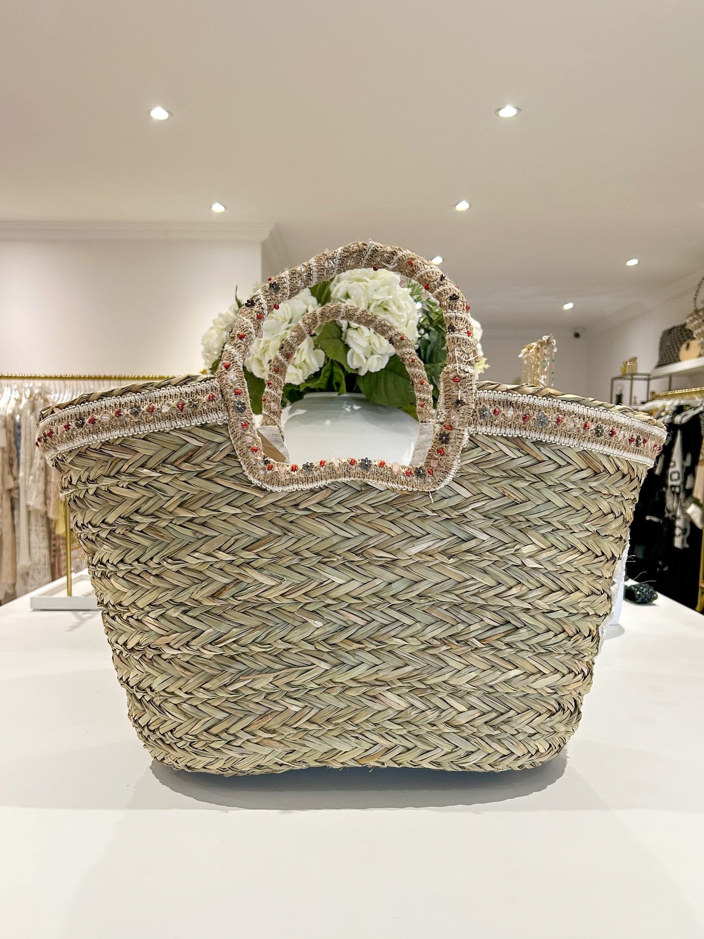 White Lace Crystal Detail Woven Beach Bag