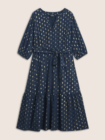 Glitter Notched Lantern Sleeve Midi Dress