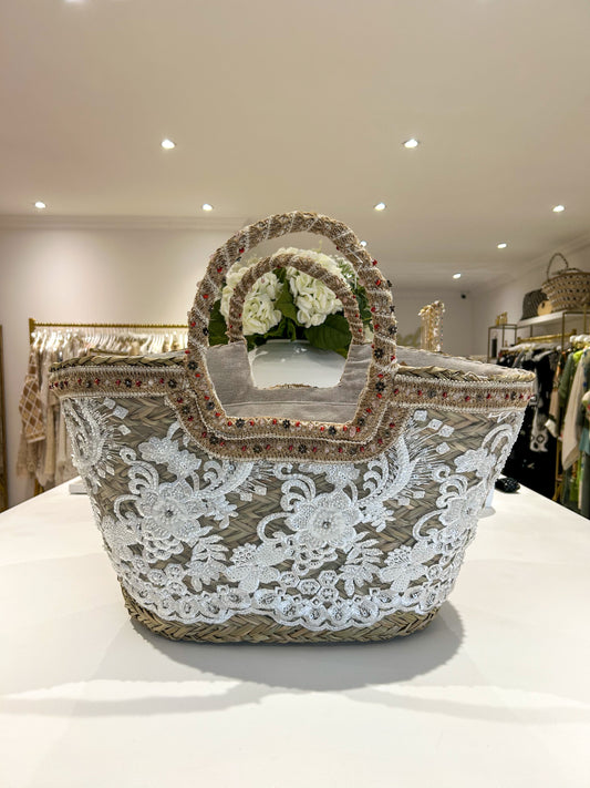 White Lace Crystal Detail Woven Beach Bag