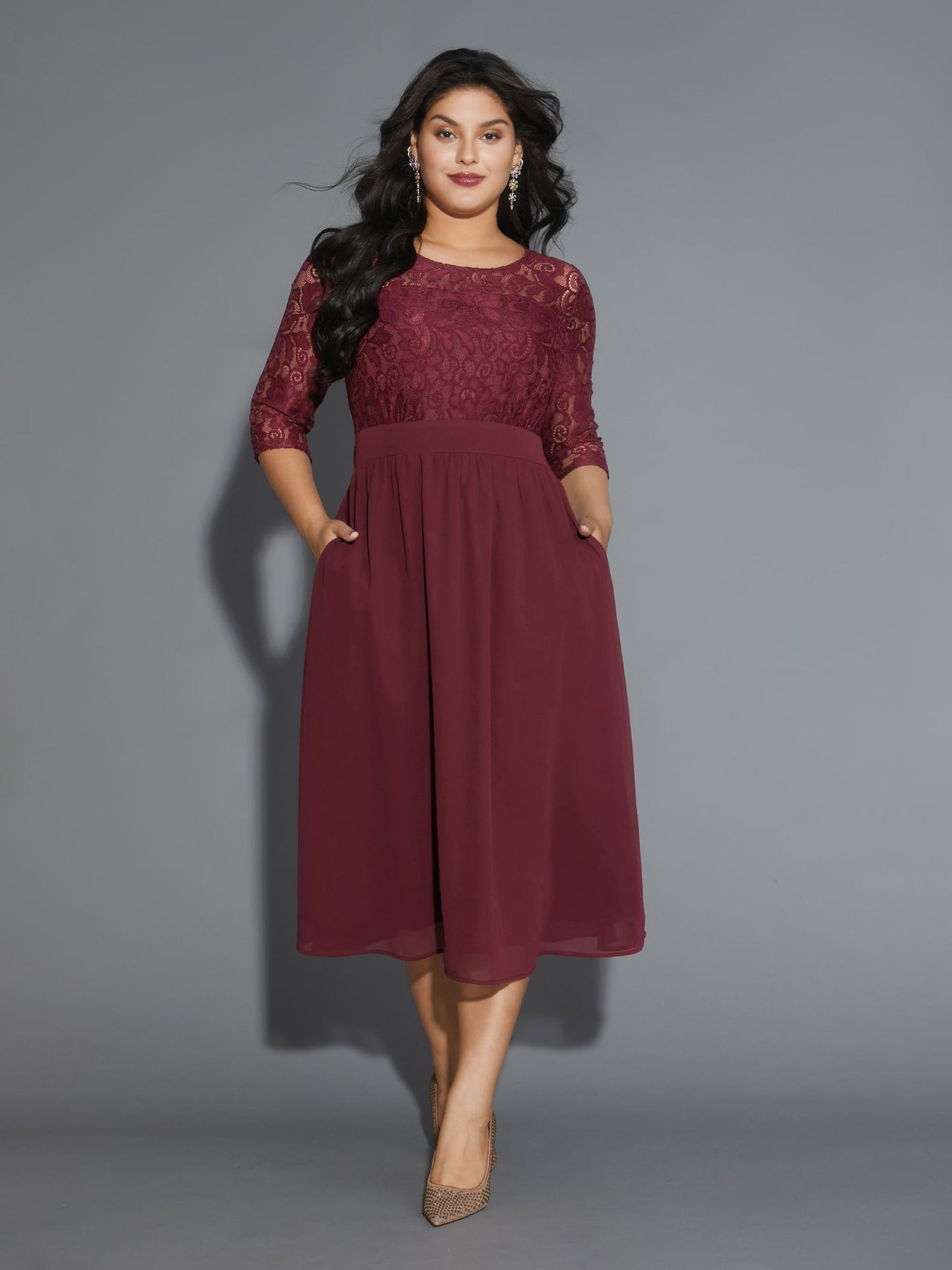 Lace Patchwork Shirred Midi Pocket Dress