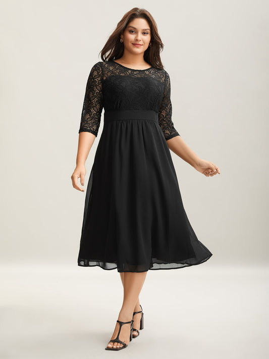 Lace Patchwork Shirred Midi Pocket Dress