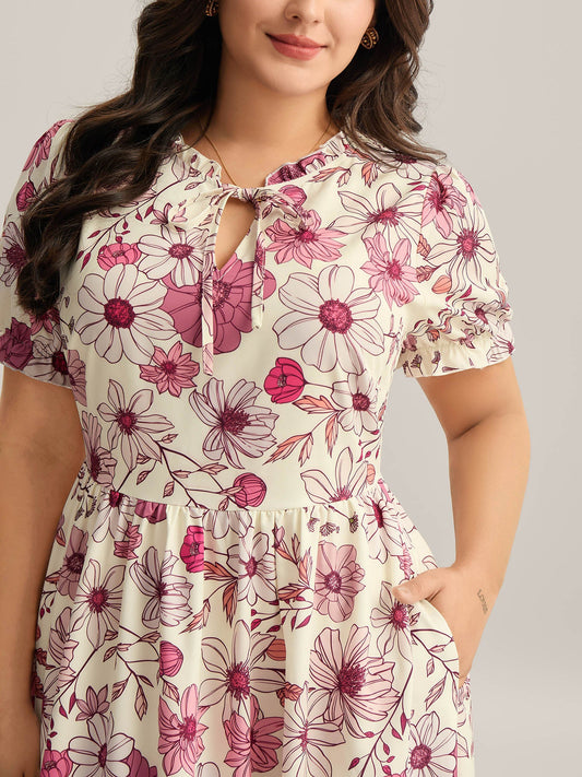 Floral Print Neck Tie Tiered Maxi Dress