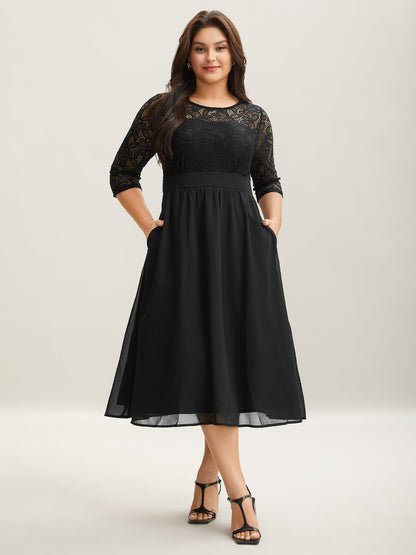 Lace Patchwork Shirred Midi Pocket Dress